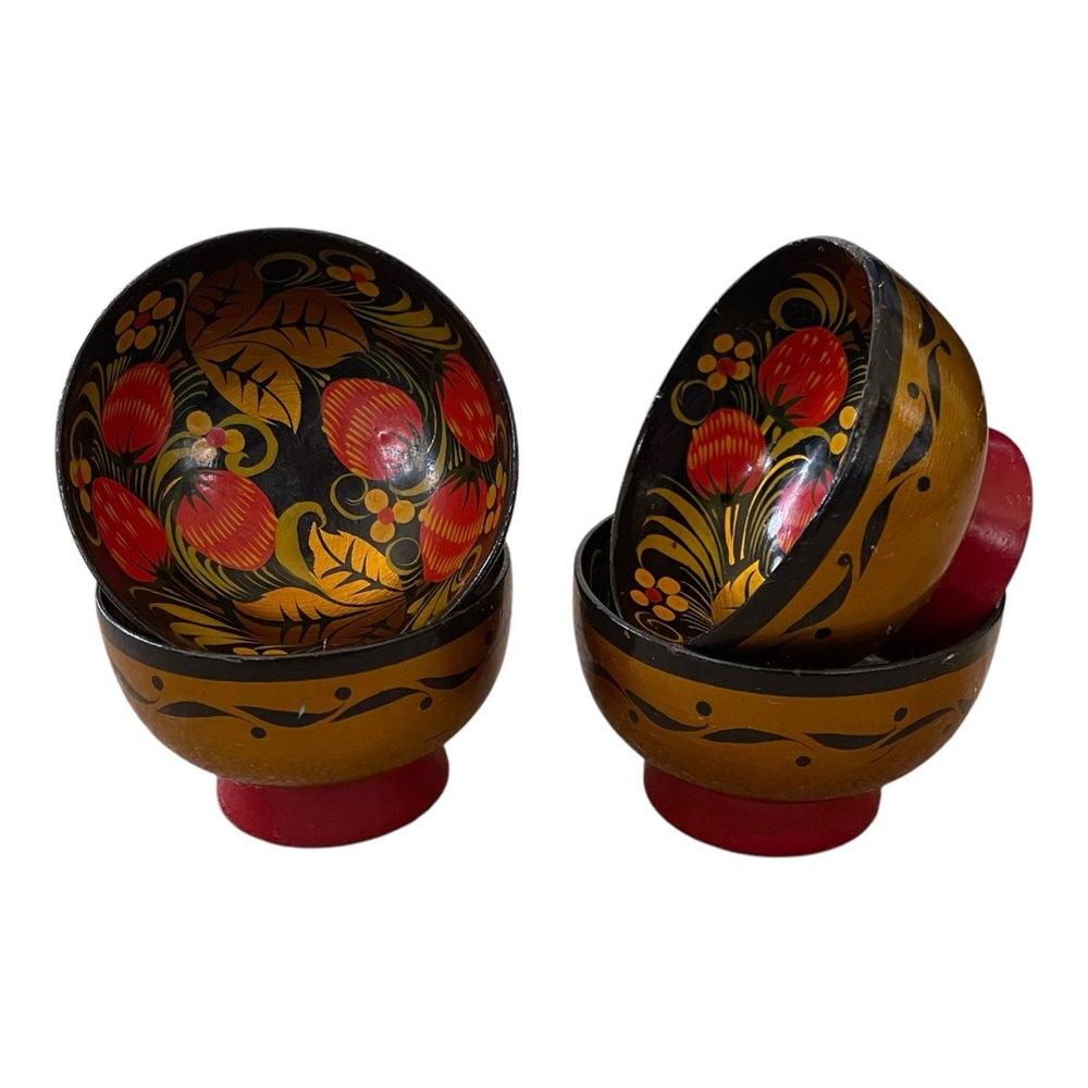Russian Khokhloma Black & Gold Hand Painted Lacquer Wood Bowls Set Of 4